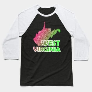 Colorful mandala art map of West Virginia with text in pink and green Baseball T-Shirt